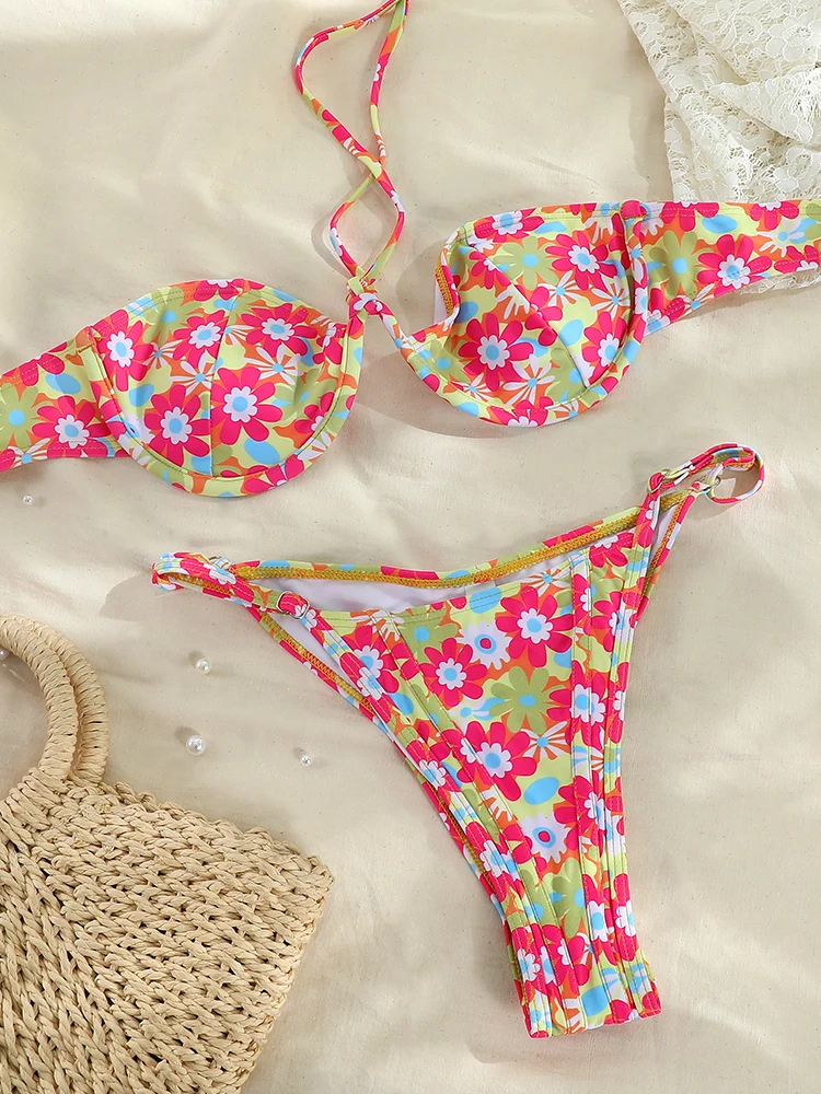 Floral Print Bikinis Low Waist Swimsuit Sexy Swimwear Women 2024 Triangle Bathing Suits Triangle Biquini Micro Thong Beachwear