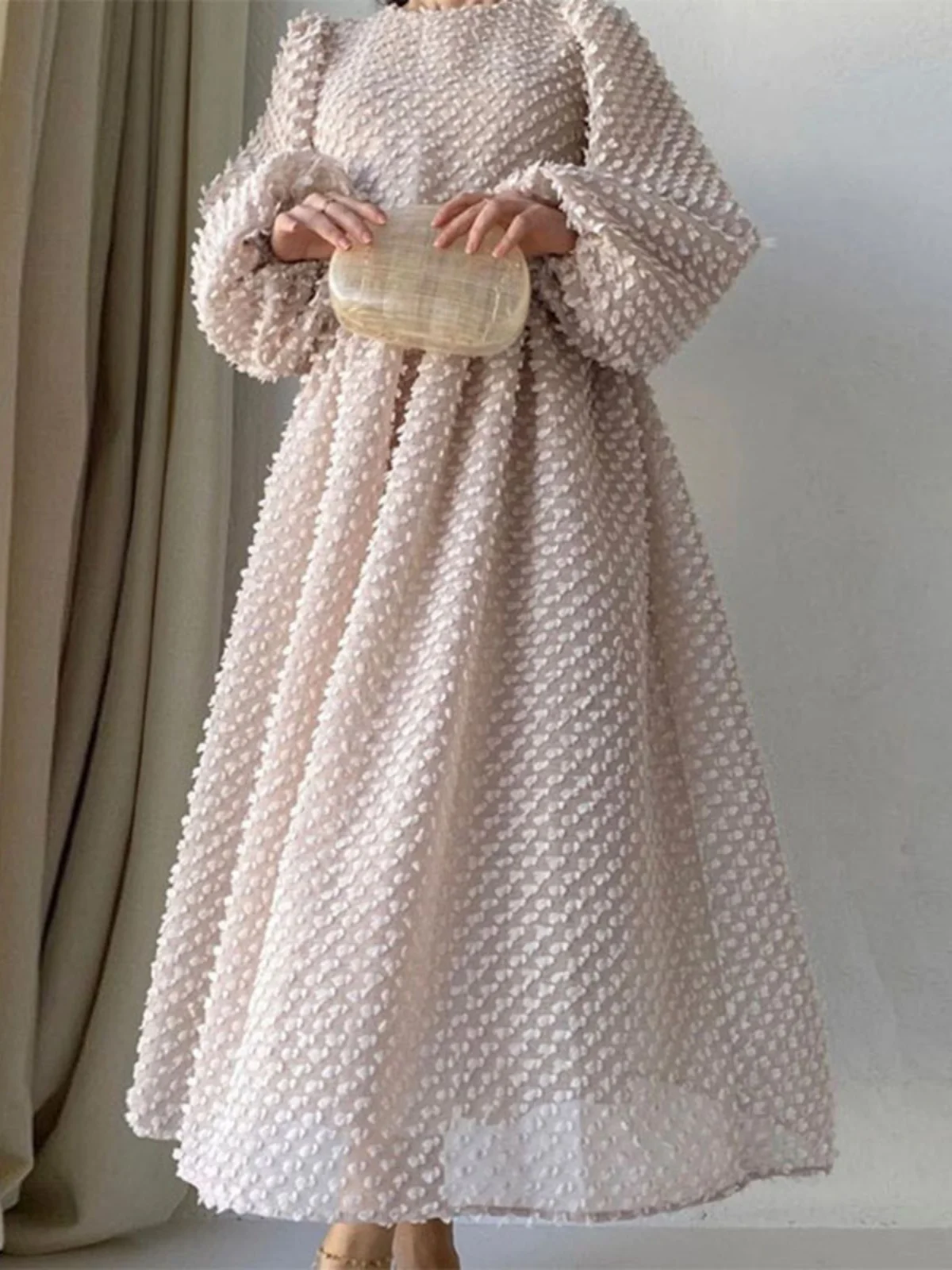 뉴 패션 라지 스윙 드레스 블랙 여성용 단색 라운드 넥 랜턴 슬리브 롱 크로스보더 드레스