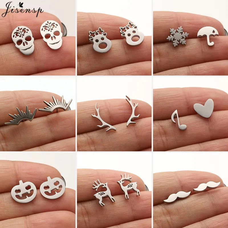 Funny Hallowmas Stainless Steel Mini Stud Earrings for Women Men Punk Skull Deer Pumpkin Snowflake Earings Pendientes Punk Gift