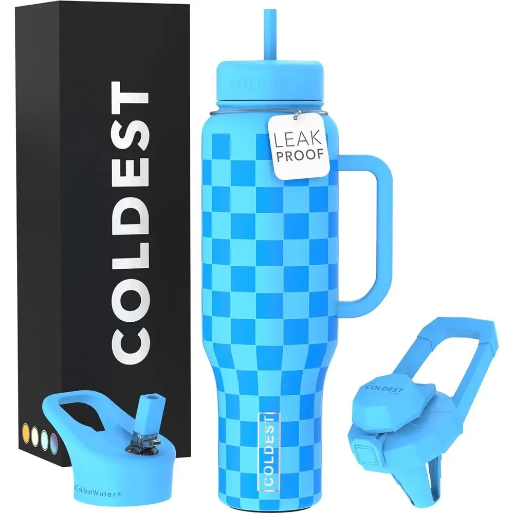 

46 oz Insulated Tumbler with Handle and 3 Lids - Leak-Proof, Stainless Steel for Men & Women - Checkers Pattern