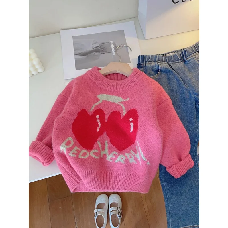 

Children's Clothing 2023 Autumn and Winter Children's New Western Style Pullover Baby Knitted Top Girl's Cherry round Neck Sweat