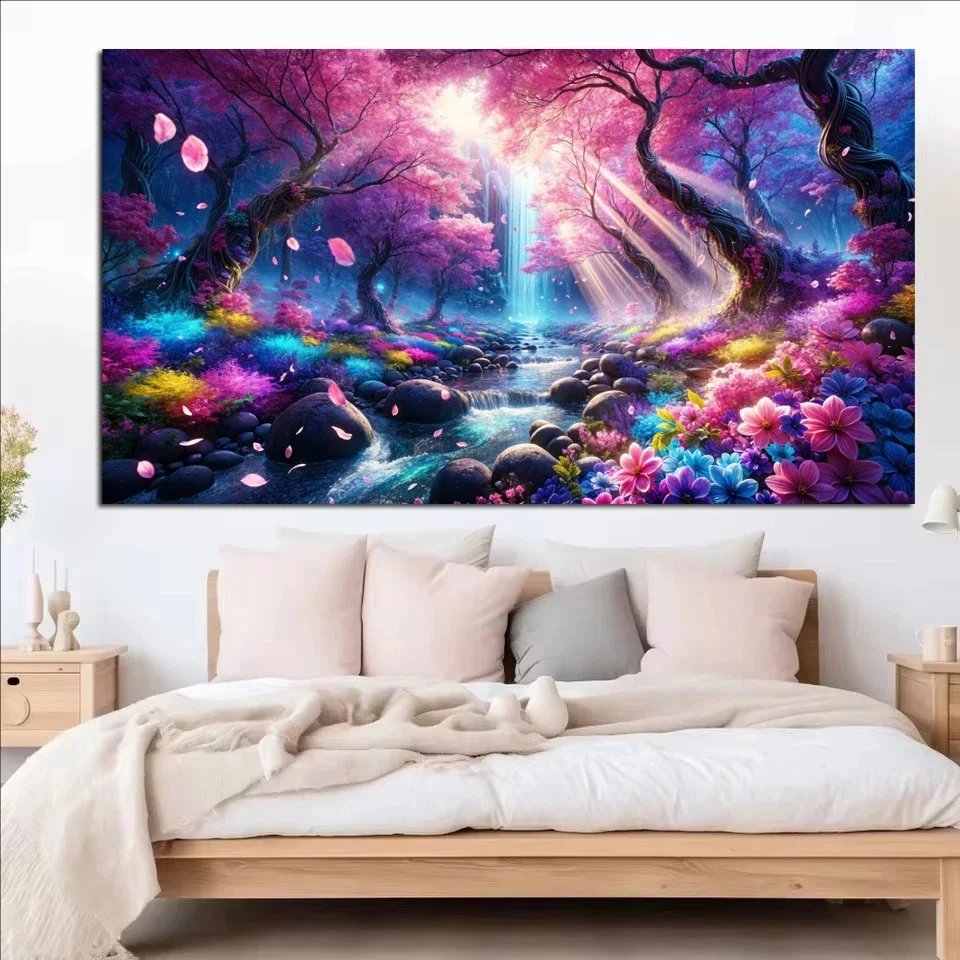 5D DIY Enchantment Stream,Pink Cherry Blossoms Sunshine Nature Large Landscape Diamond Painting Cross Stitch Diamond Embroidery