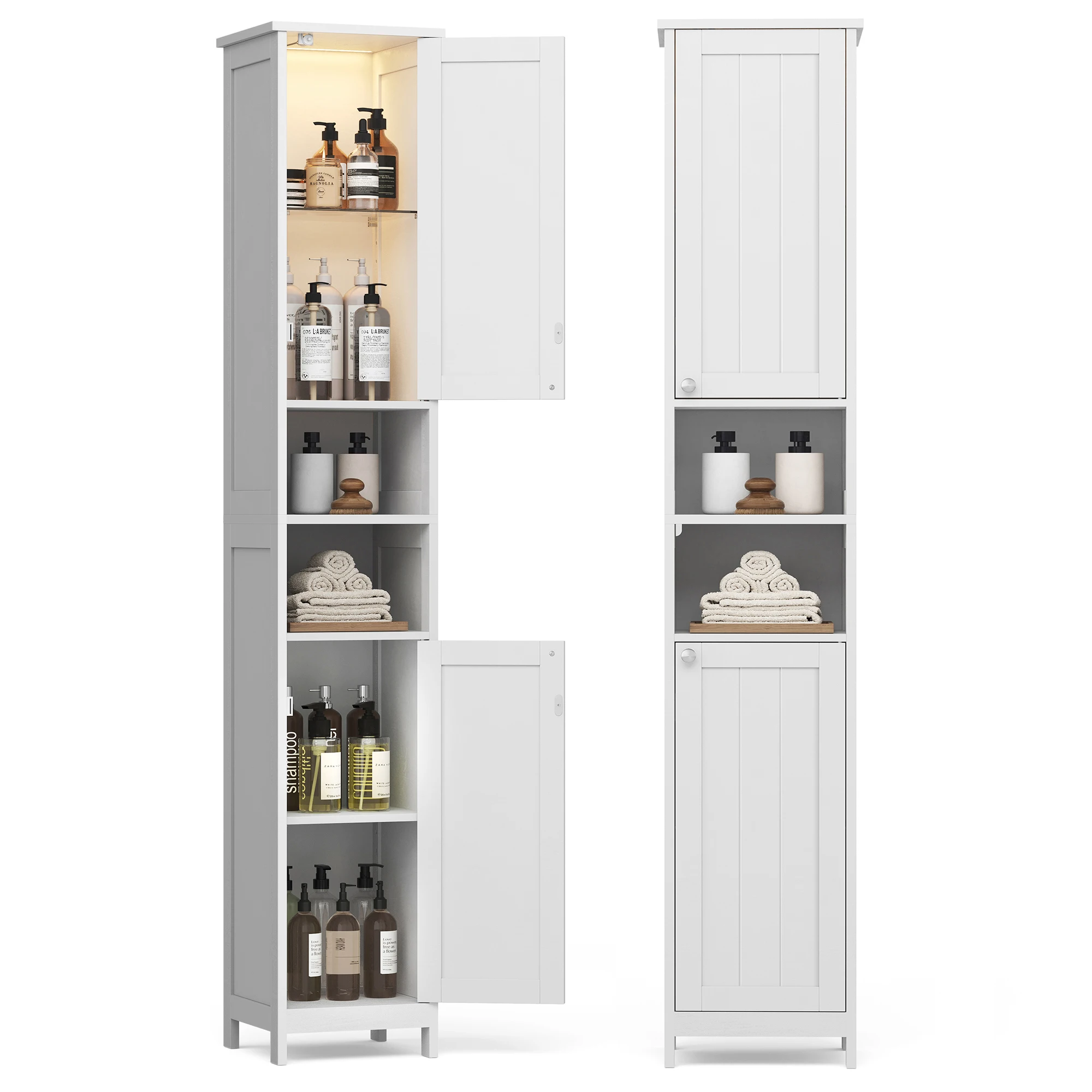 VASAGLE Tall Bathroom Cabinet with Lights, Slim Bathroom Storage Cabinet, Freestanding Narrow Cabinet with Adjustable Shelves