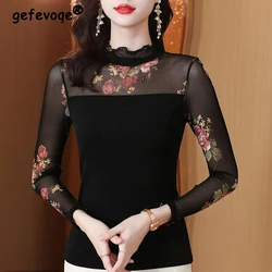 Spring Autumn Women Fashion Vintage Floral Print Patchwork T Shirt Sexy See Through Mesh Long Sleeve Slim Basic Tops Ropa Mujer