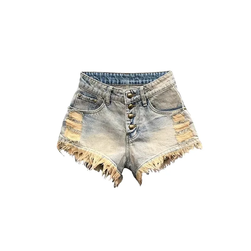 

24 New Design Ripped Denim Shorts for Women Sexy Hole High Waist Ruffled Edges Retro Button Tassel Jeans