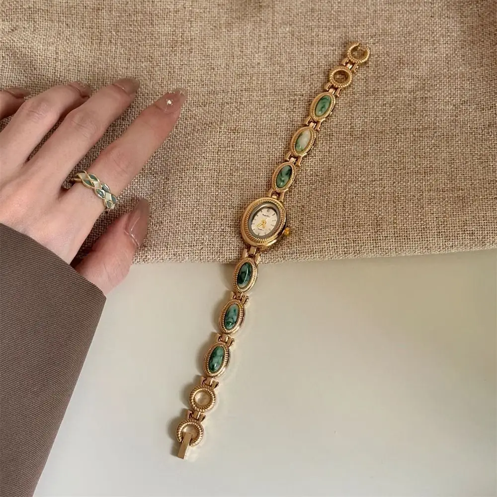 Vintage Colored Gemstones Ladies Watch Oval Luxury Quartz Watch Elegant Gift Bracelet Watch