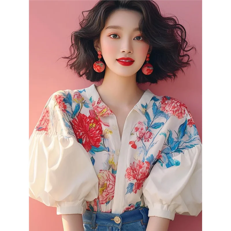 우아한 꽃무늬 프린트 버블 슬리브 셔츠 아름다운 여성스러운 탑 코튼 반팔 폴로 칼라 여성 여름 패션