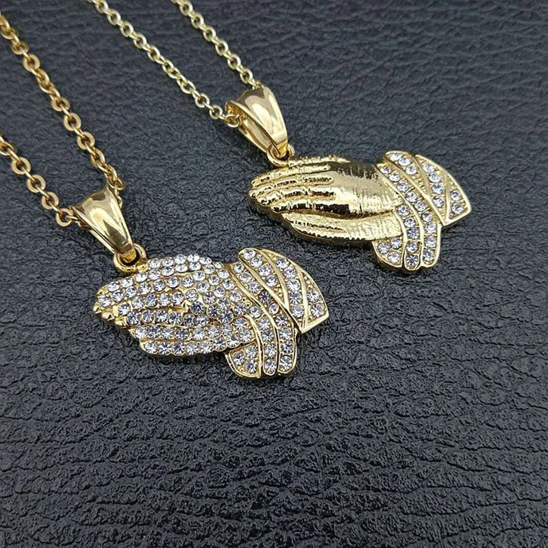 Hip Hop Rhinestones Paved Bling Iced Out Stainless Steel Praying Hand Pendant Necklaces for Men Jewelry Drop Shipping