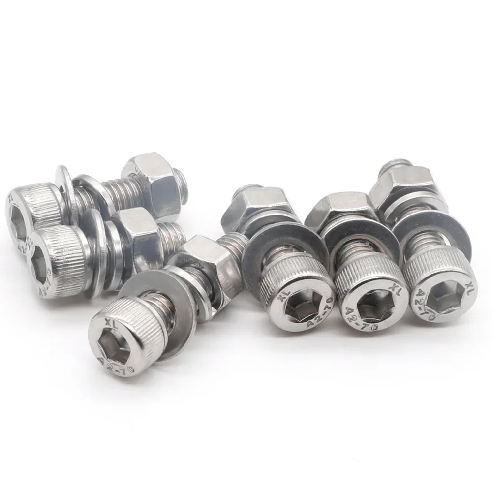 20Set Inbusbout Zeskantkop M3 M4 M5 M6 12 16 Machineschroef DIN 912 Lente Platte Ring Moer A2 304 Roestvrij staal L = 8-30mm