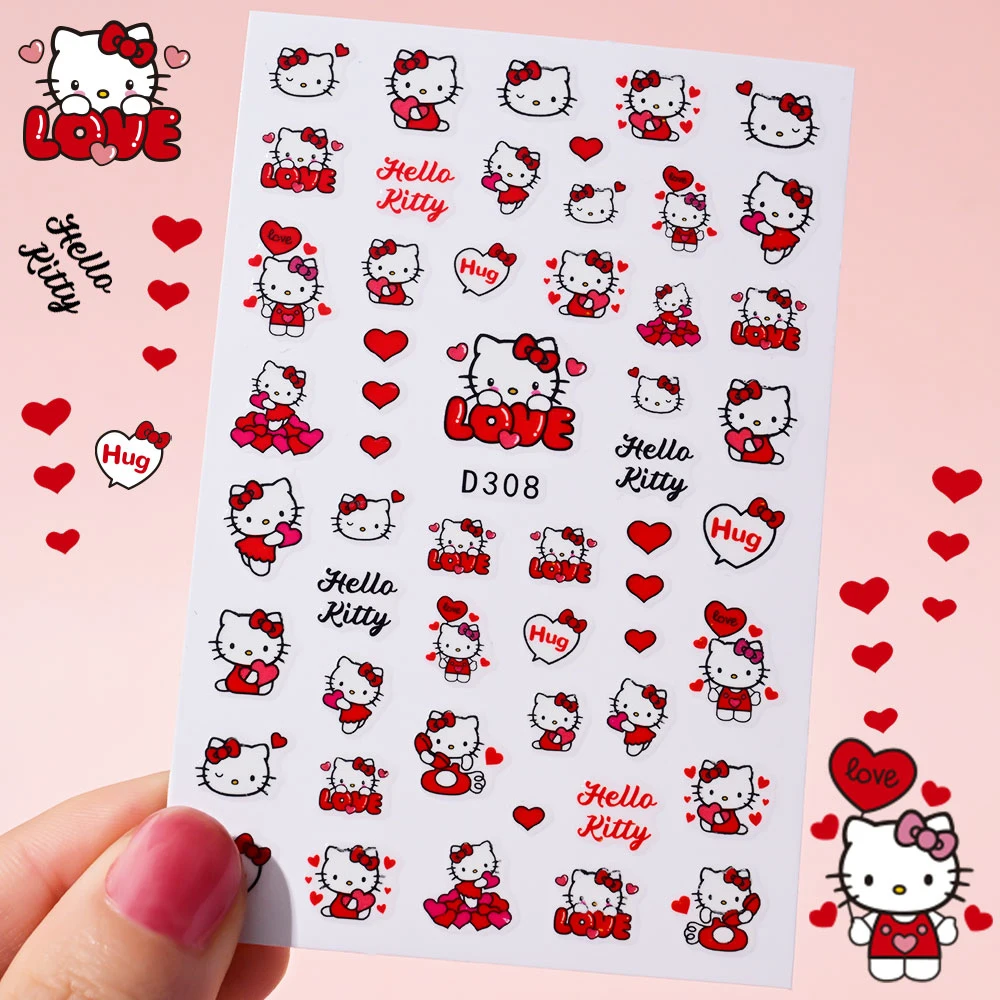 Autocollants pour ongles en forme de cœur rouge Hello Kitty, Kawaii, Design doux, décoration de manucure Sanrio, autocollants Kuromi auto-adhésifs, fourniture pour ongles, 16/1 pièces