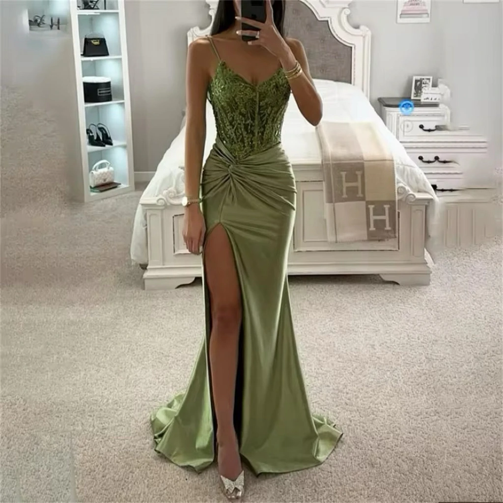 Green Sequins Prom Dresses Spaghetti Strap Mermaid Sexy Adult Ceremony Performance Beach Party Backless Formal Evening Gowns