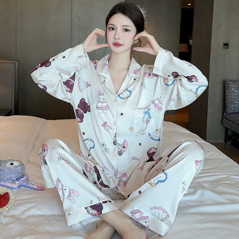 Long Sleeves Ice Silk Two-piece Set Wholesale Soft Loungewear Spring Autumn Popular Light Luxury Lotus Leaf Edge Flower Pajamas