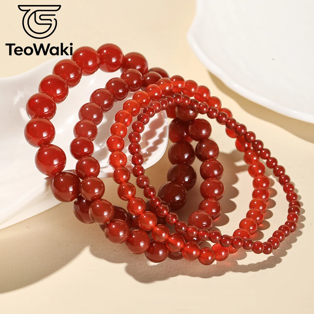 TeoWaki Natural Stone Beads 4/6/8/10mm Red Agate Elastic Bracelet for Women Men Stress Reduction Maintaining Mental Balance 19cm