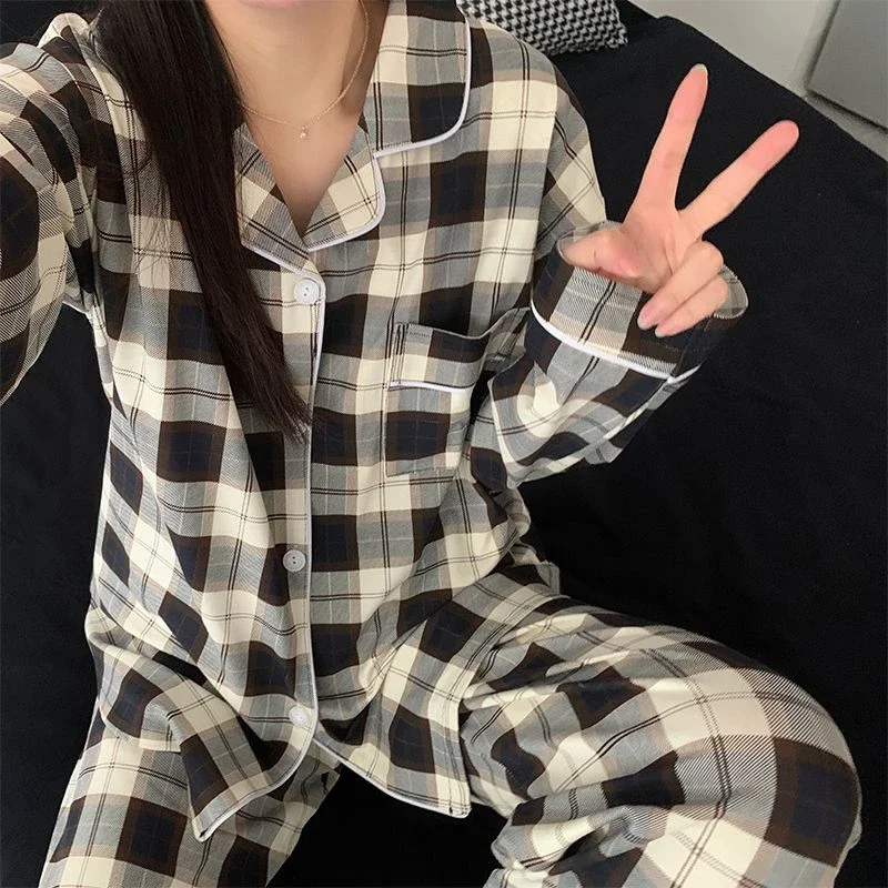 Pyjama Femme Tendance Vintage Imprimé Carreaux Noirs, Style Littéraire Mature, Décontracté pour la Maison, Nouveauté Printemps 2025, en Soie de Lait