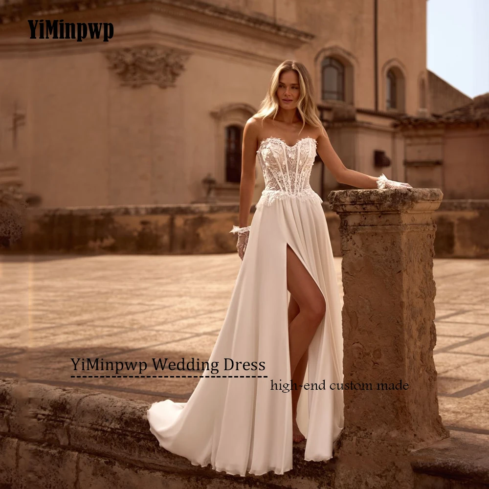 シフォンのウェディングドレス恋人サイドスプリット A ライン Vestidos デノビアイリュージョンレースアップリケ自由奔放に生きる民間のブライダルドレスカスタマイズ