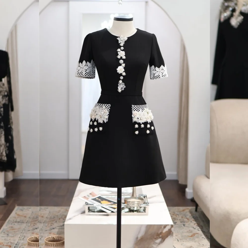 Robe de soirée trapèze en Jersey personnalisée, avec des appliques scintillantes, col rond, sur mesure, pour occasions de célébrité, haute qualité, pour femmes