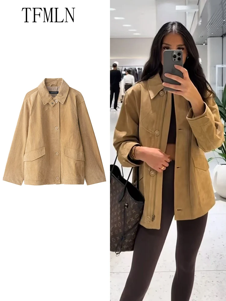 

TFMLN New Chic Women Causal Pockets Jackets Fashion Lapel Single Breasted Loose Coats 2025 Autumn Vintage Female Solid Outwear