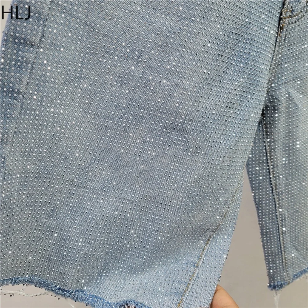 Set Dua Potong Celana Pendek Denim Berkualitas Tinggi HLJ Blue Fashion dengan Hiasan Rhinestone, Atasan Crop Lengan Panjang Kancing Kerah + Celana Pendek Streetwear Wanita