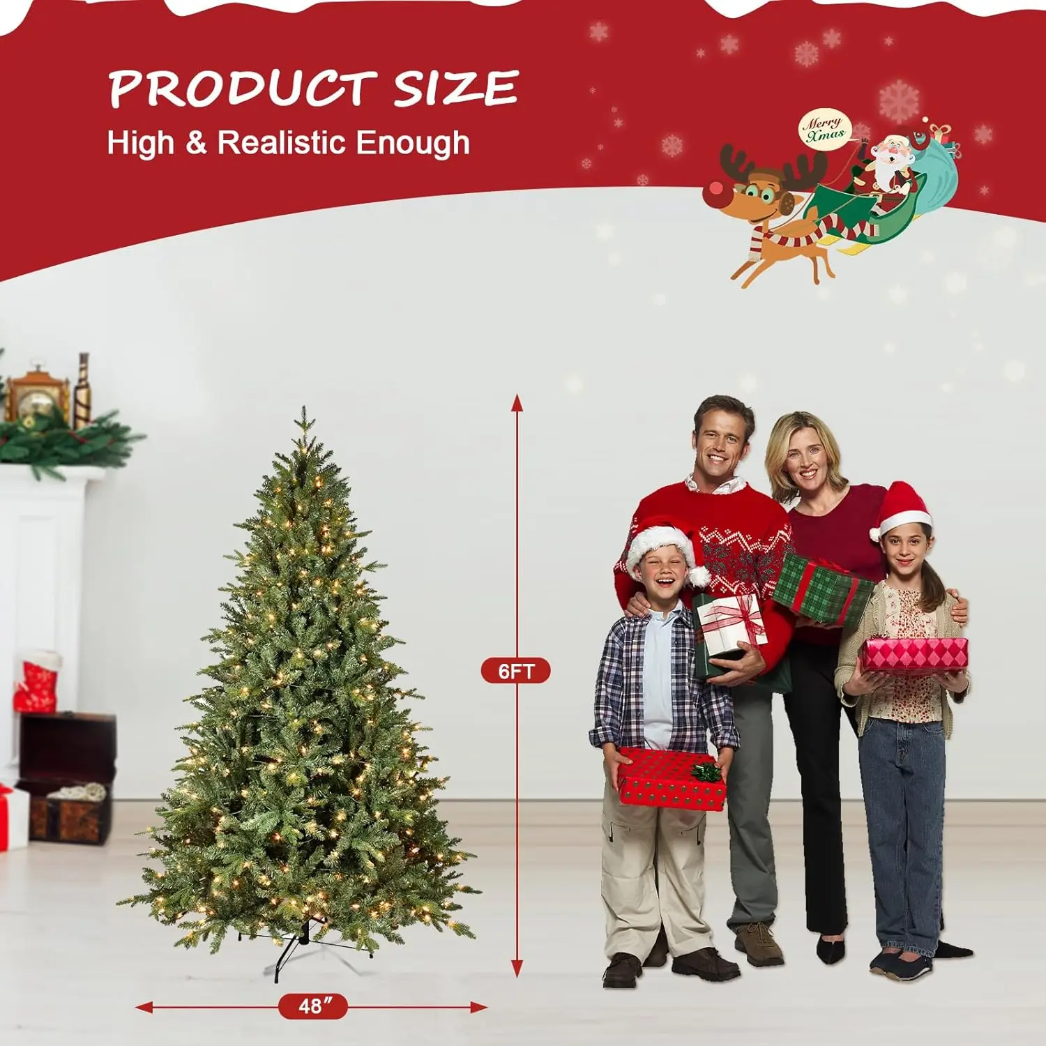 6FT Prelit Christmas Tree with 400 Warm White Lights, 1413 PE&PVC Mixed Branch Tips, Hinged Premium Spruce Artificial Xmas Trees