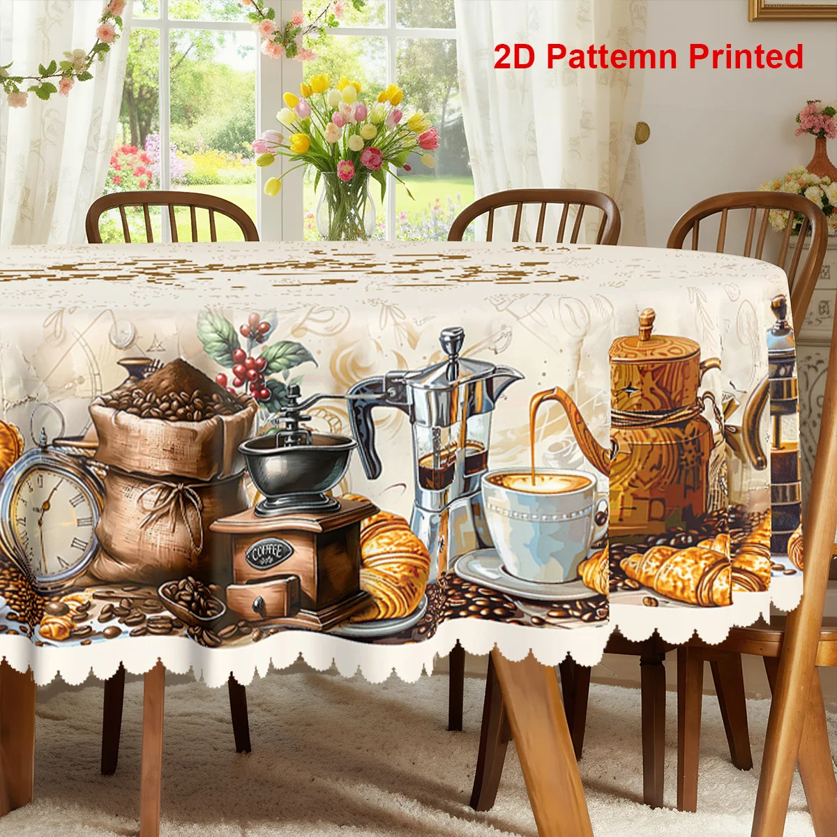 Polyester printed tablecloth, one piece of cute cartoon snacks, coffee-themed party tablecloth, retro coffee bean horn shapeyzb