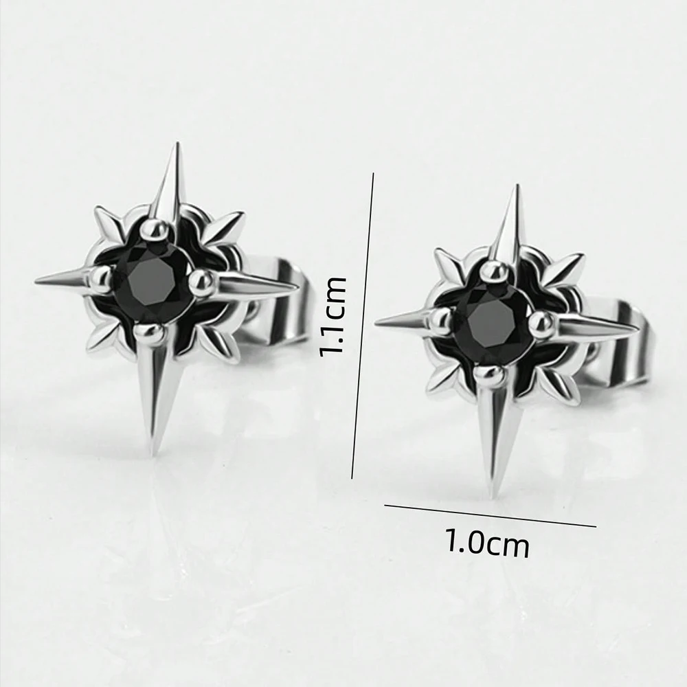 Black CZ Metal Star Earring Stud For Men Women Hip Hop Style Antique Silver Color Start Clear Crystal Couple Post Earrings