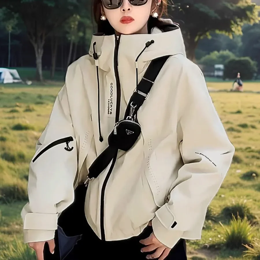 Chic Loose Casual Hooded Tooling Trenchcoat Coat Women Baseball Uniform Spring Autumn Fashion Hooded Meter Sports Charge Clothes