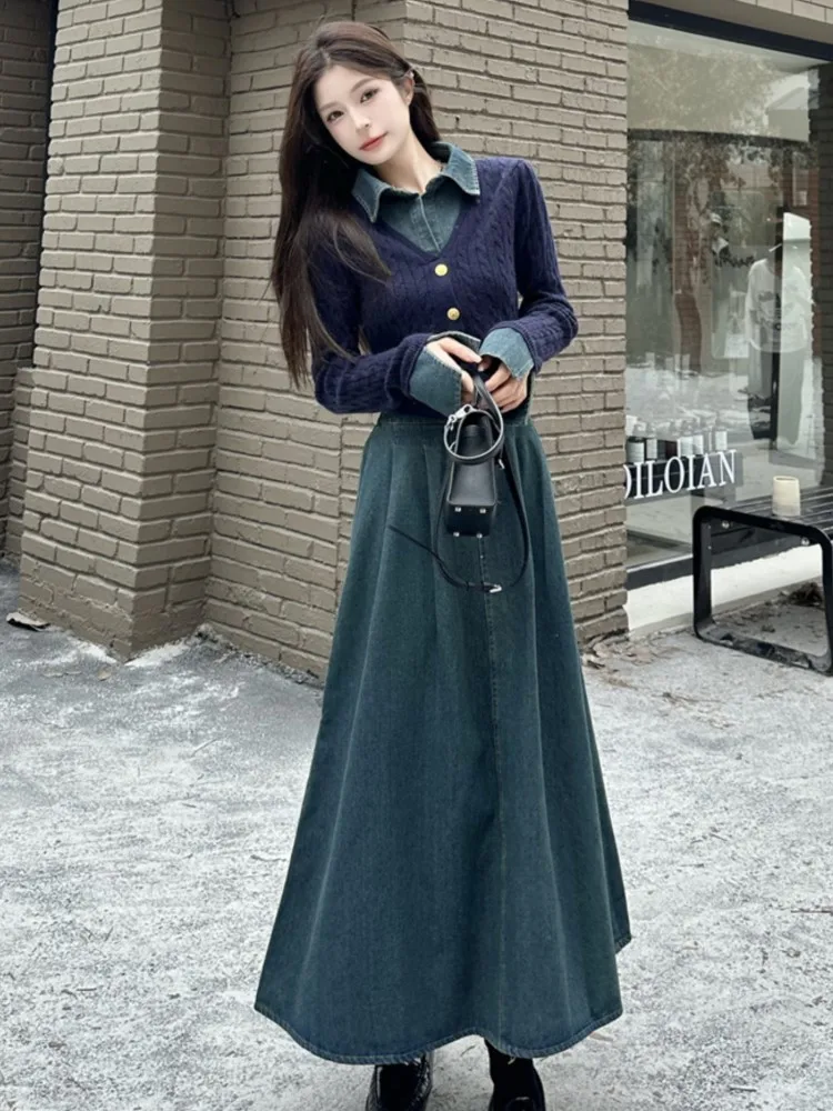 Korean Style Skirt Set 2 Piece Sets For Women Patchwork Knitted Fake Two Pieces Top Denim Skirt Slim Fashion Suit Spring Autumn