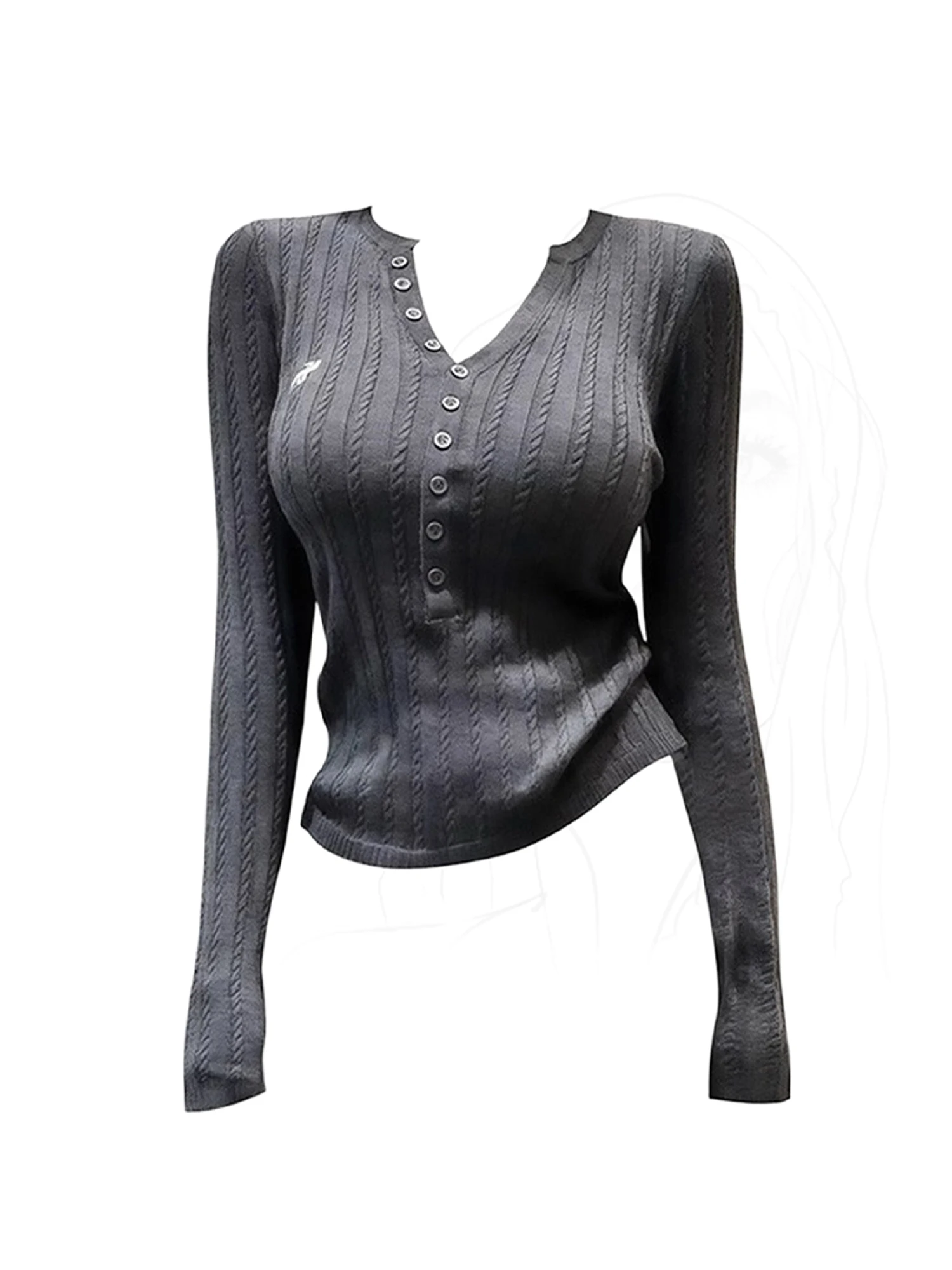 

Женская серая футболка Y2k 2000-х годов, трикотаж, винтажная эстетичная футболка Harajuku Gyaru с v-образным вырезом, топ с длинными рукавами, футболки большого размера, одежда 2025