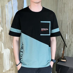 Youthful Vitality Korean Round Neck T-shirts Fashion Spliced Summer Letter Men's Clothing Contrasting Colors All-match Pullovers