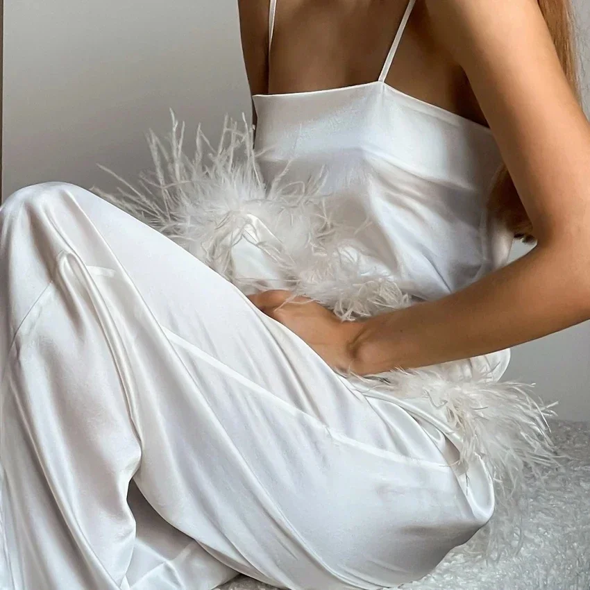 

Satin Pajamas With Feathers Sleepwear Women Sets With Pants Black Spaghetti Strap Home Suit White Trouser Suits 2022