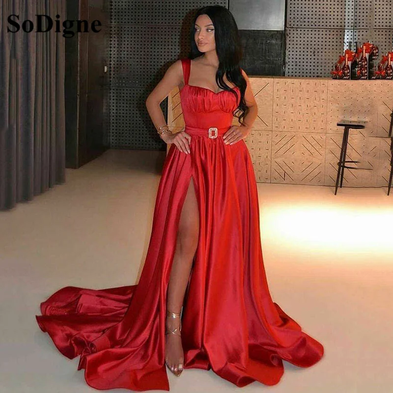 

SoDigne Red Formal Evening Dress With Belt Satin Sexy Side Split Women Celebrity Party Gowns Sweep Train Prom Dress 2023