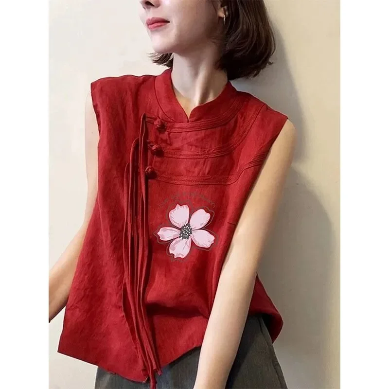 

Red Sleeveless Chinese Style Tank Top with Floral Embroidery V Neck Linen Blend Summer Casual Vest for Women