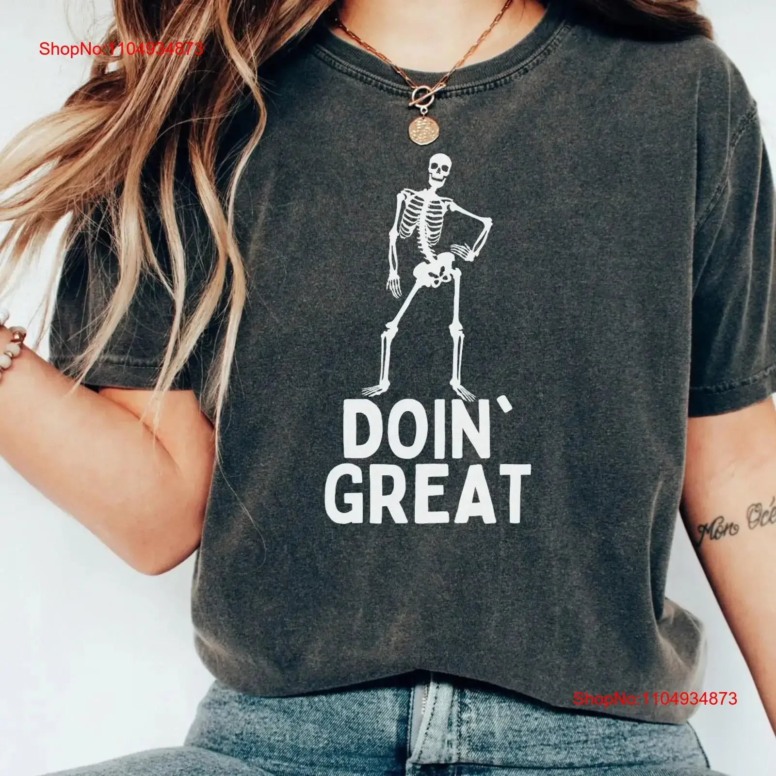 

Doin Great Funny Skeleton T Shirt Depression Emo Mental Health Trendy Anxiety ADHD vintage Washed Breathable Stretched