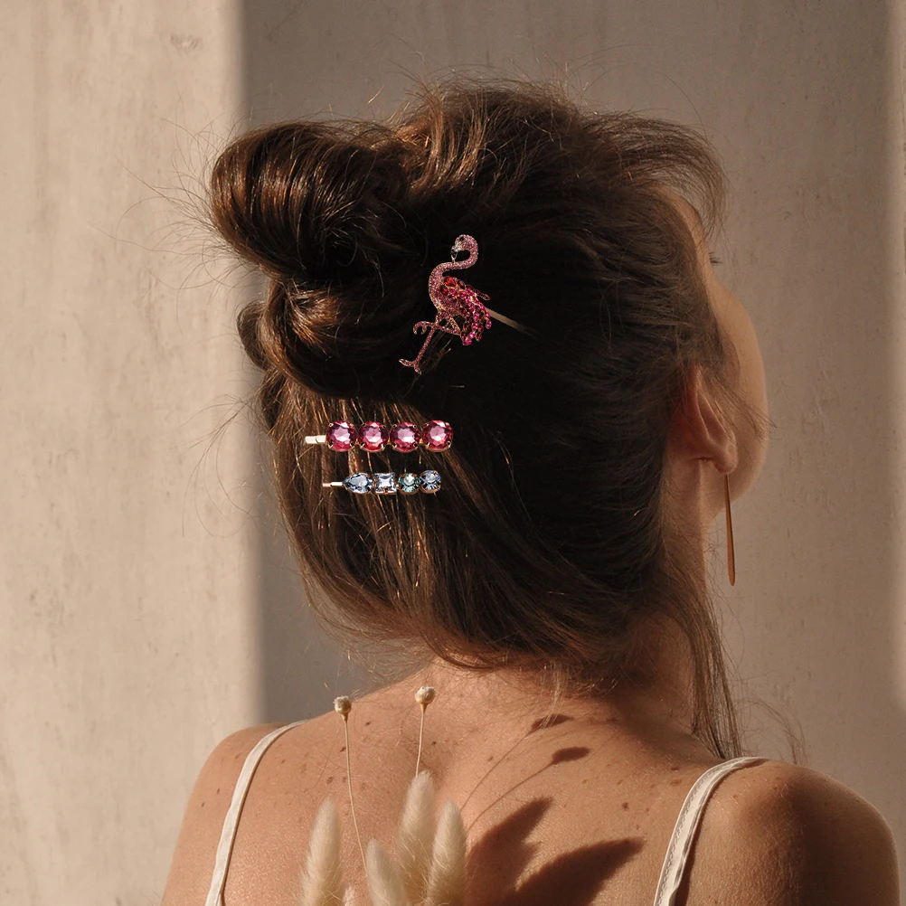 

3pcs Flamingo Clip Set Rhinestone Hair Accessories Women Hairpin Acrylic Bobby Pins Barrettes Stylish Prom Party Daily