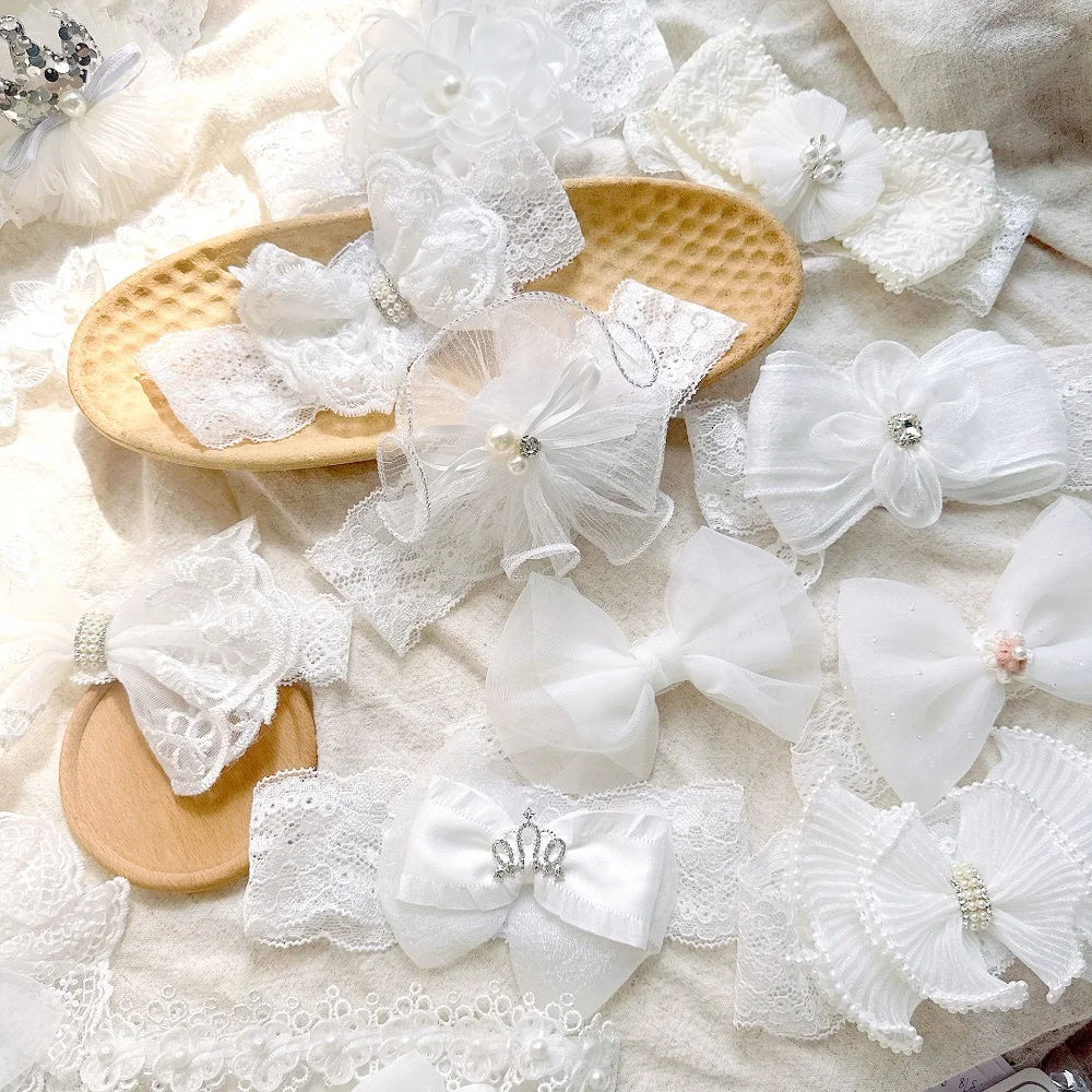 

White Baby Hair Accessories Toddler Flower Bow Pearl Diamond Headband Infant Newborn Photography Turban First Birthday Headwear