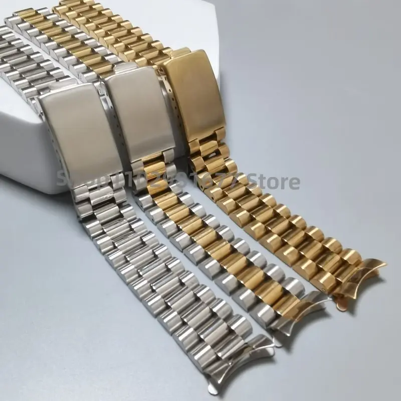 Silver Gold 18mm 20mm 316L Stainless Steel Curved End Vintage Presidont Watch Strap Band Bracelet Fit for RLX SKX Watch