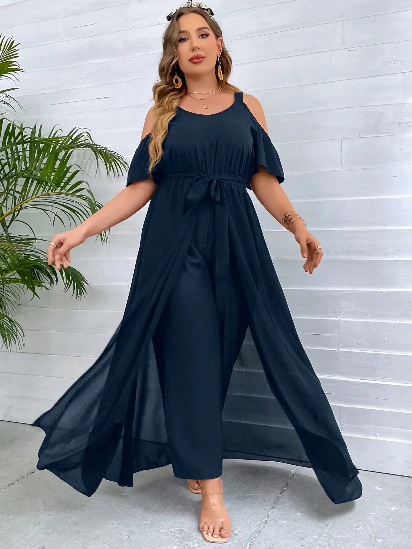 Plus Size Cold Shoulder Chiffon Overlay Jumpsuit, Elastic Waist Tie Front Wide Leg Party Jumpsuit