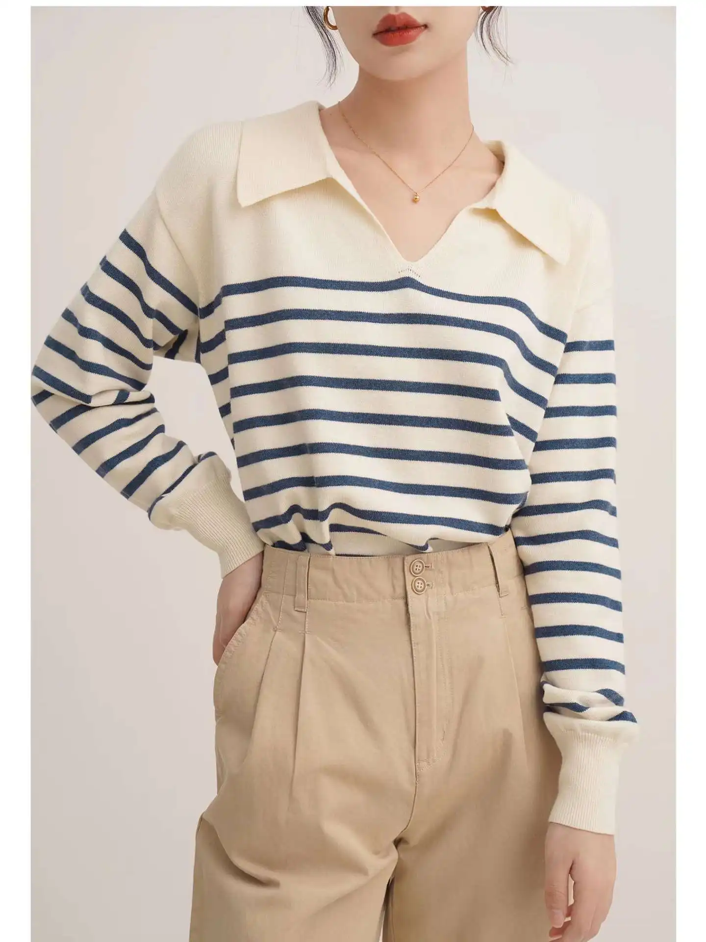 

French Sle Retro Striped Sweater Women's Spring V-ne Long Sve Knitted Woolen Top Bright Tead Women's Faion