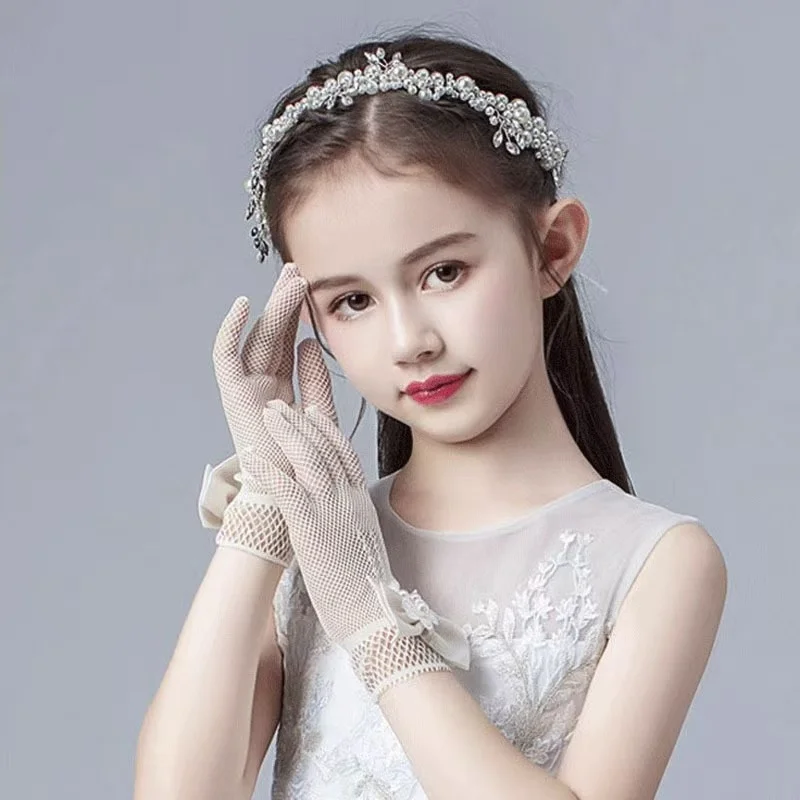 أطفال حفلة الدانتيل اللؤلؤ شبكة صيد السمك قفازات بالتواصل زهرة فتاة قفازات الحفلات الأطفال قفازات عالية المرونة شبكة القوس قفازات