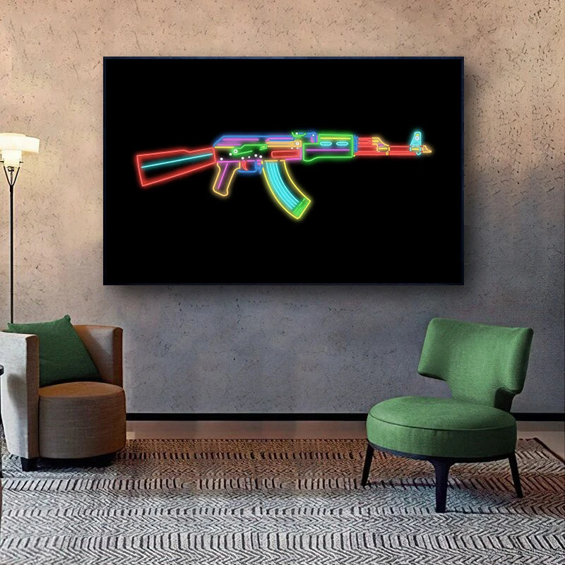 Ak47 Neon Effect Poster Print Abstract Colorful Gun AK Assault Rifle Canvas Painting Wall Art Picture for Living Room Home Decor