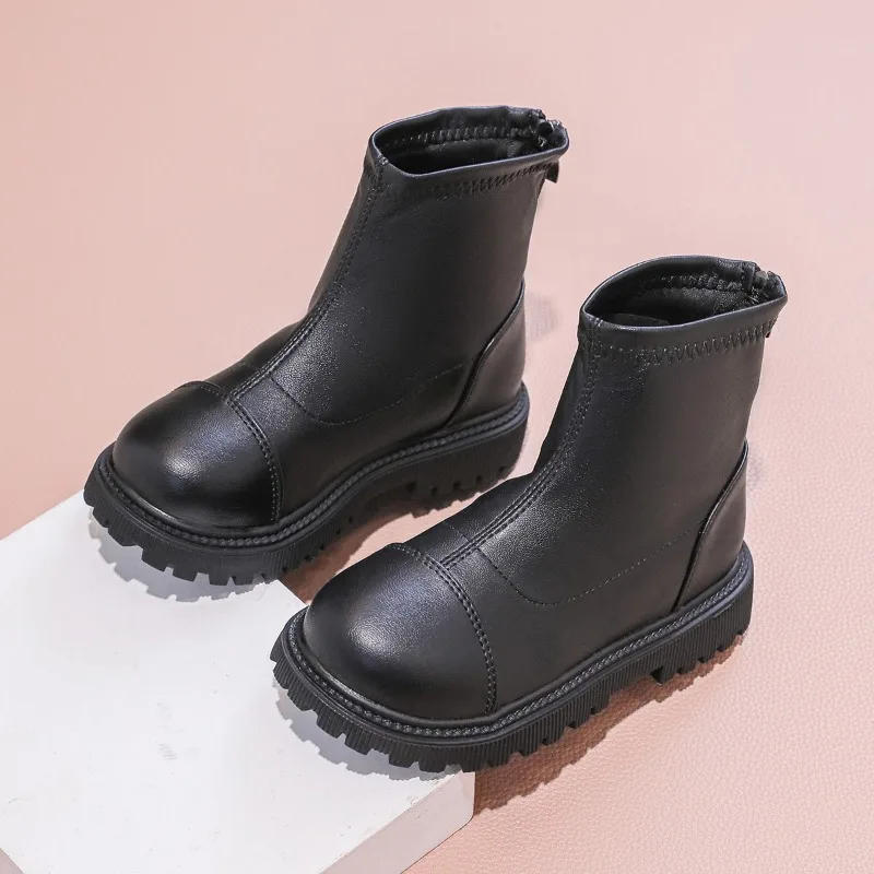 

2025 Winter New Children's Shoes, Girls' Mid Top Leather Boots, Fashionable Rear Zipper Design, Flat Top Fashion Boots