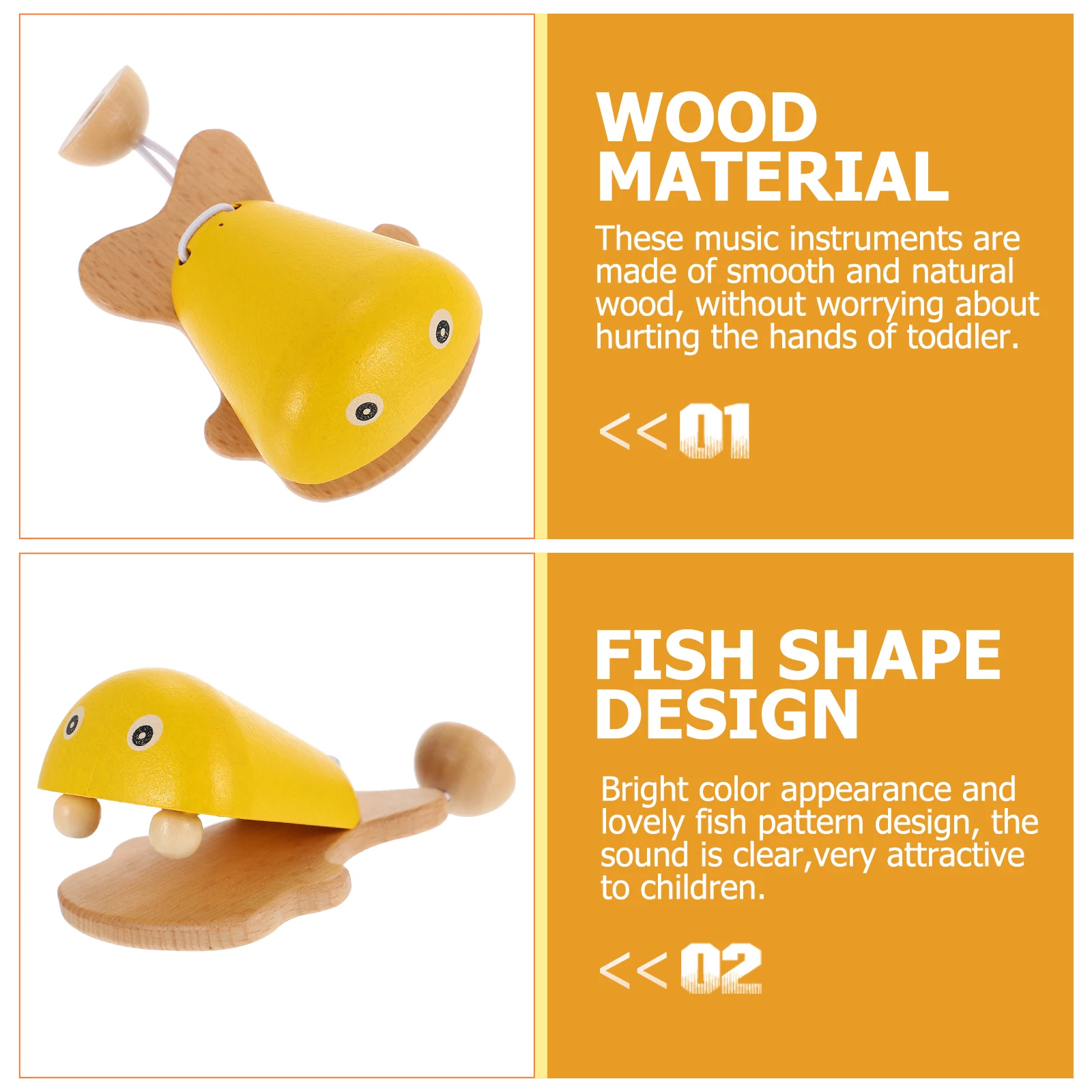 

2 Pcs Music Sensing Fish Soundboard Kids Percussion Toys Household Children Accessory Wood Interesting Castanet Bright Color