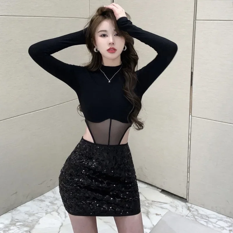 긴팔 티셔츠 여성 슬림 패션 섹시한 소녀 캐주얼 넥 액세서리 Y2k 힙합 하이 스트리트 핫스위트 올매치 인스