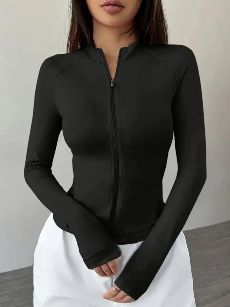 Versatile Sports Style Top for Women Short Cardigan Long Sleeved Stand up Collar Shoulder Sleeves Tight Fitting Waist Cinching
