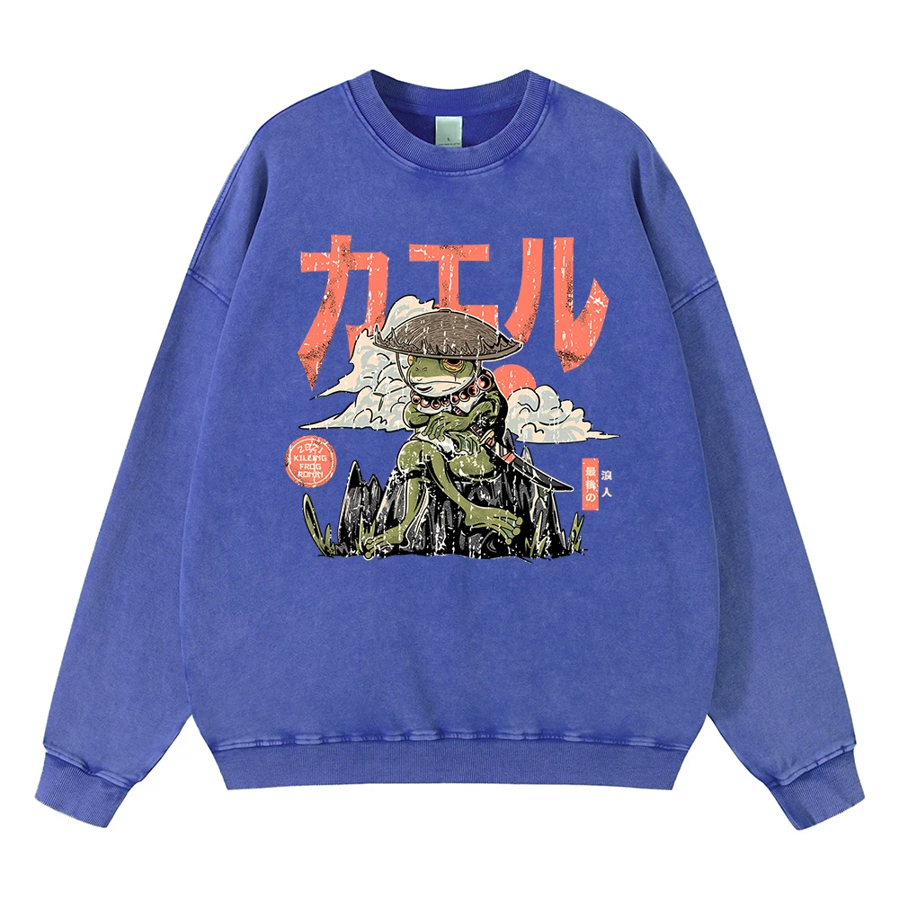 

Vintage Distressed Washing The Last Frog Samurai Harajuku Hoodie Men Fashion Sportswear Autumn Loose Cotton Pullovers Streetwear