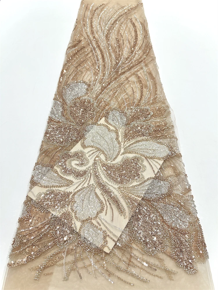 Luxury African Lace Fabric 2025 High Quality Sequins Beads Lace Fabrics For Nigerian Wedding French Tulle Lace Fabric