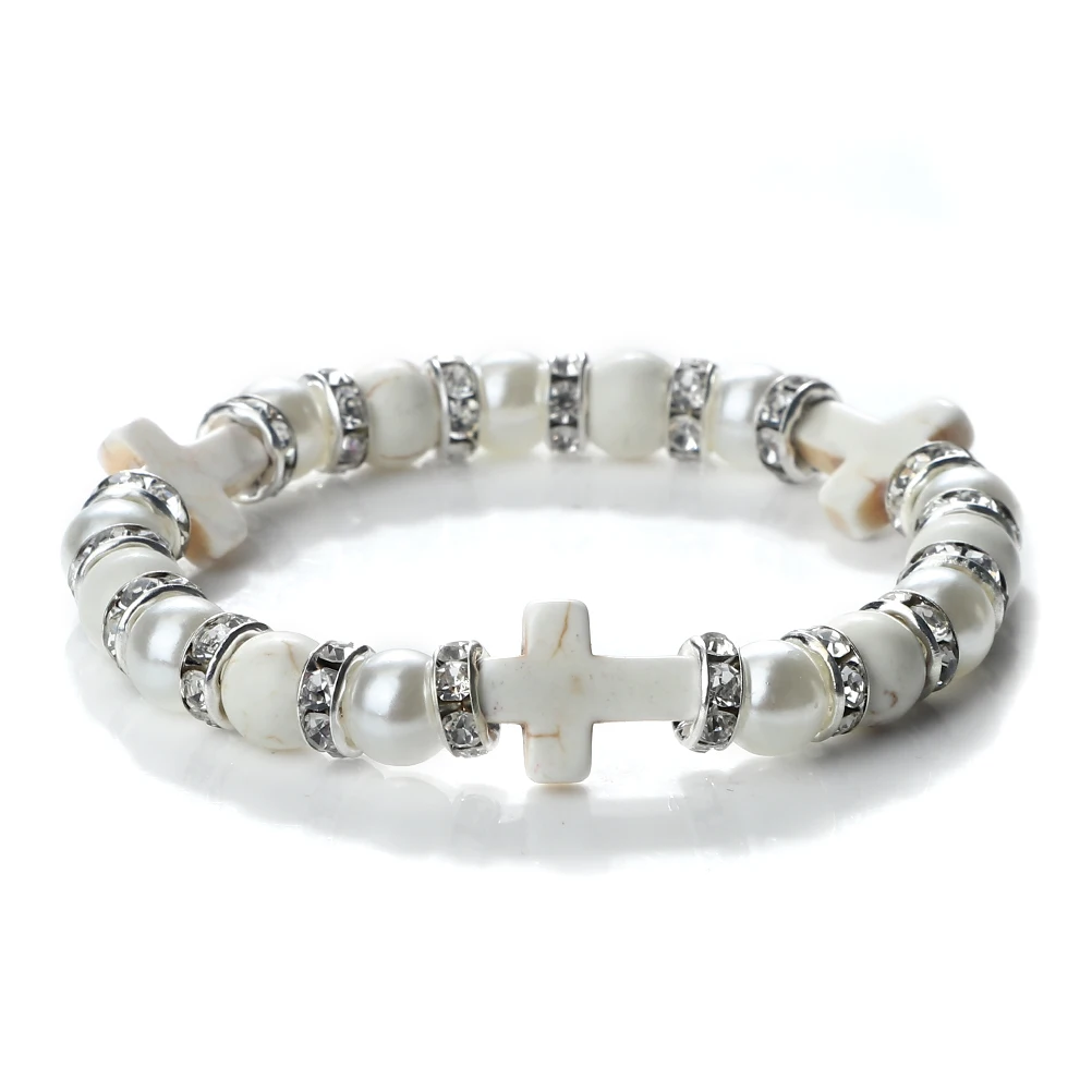 Bohemian Style Jesus Cross Bracelets Fashion Imitation Pearl Turquoise Beaded Bracelet For Men And Women Jewelry Friendship Gift