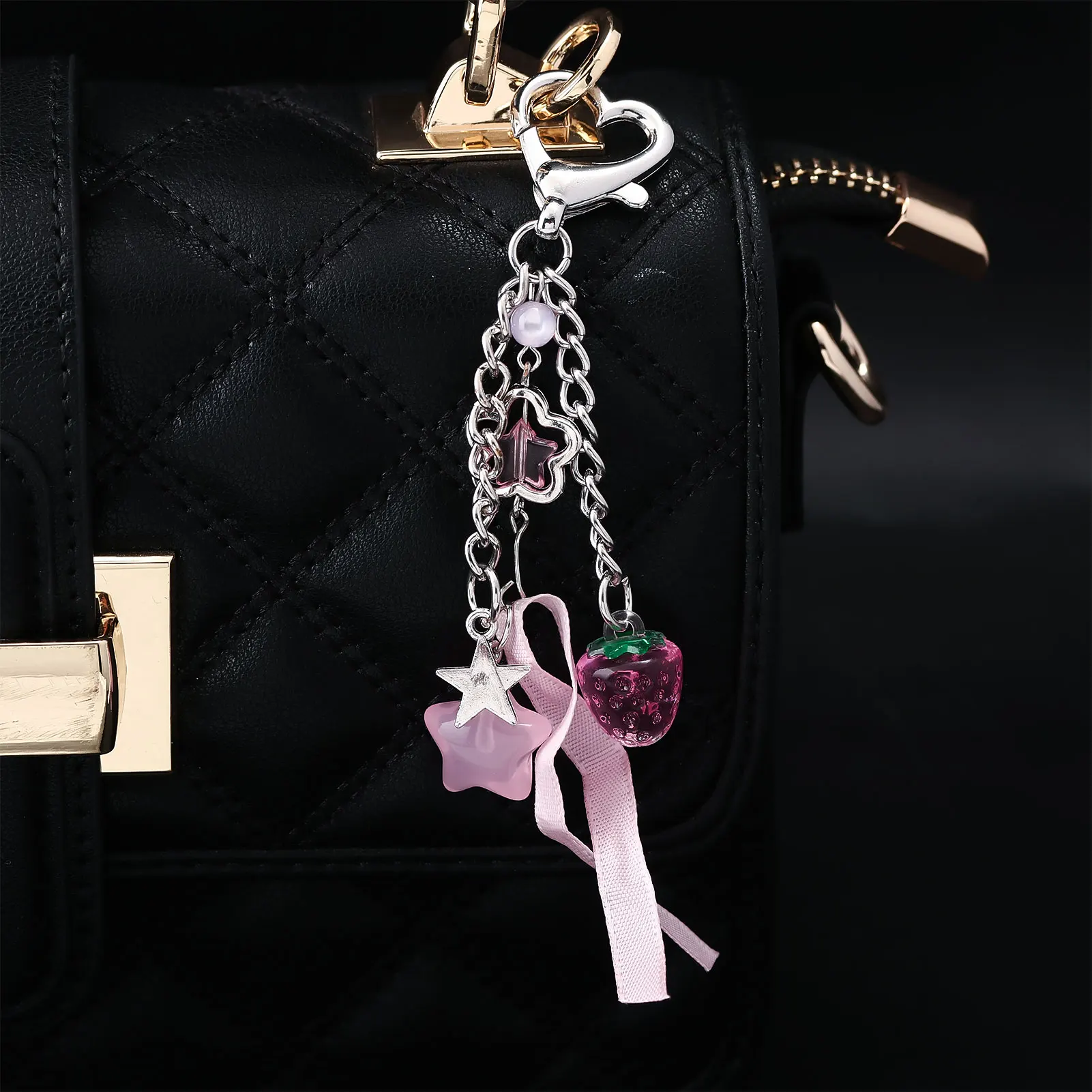 1PCS Sweet Style Bow Keychain Pink Pendant Creative Mobile Phone Short Chain Love Five-pointed Star Accessories Bag Decoration image 6