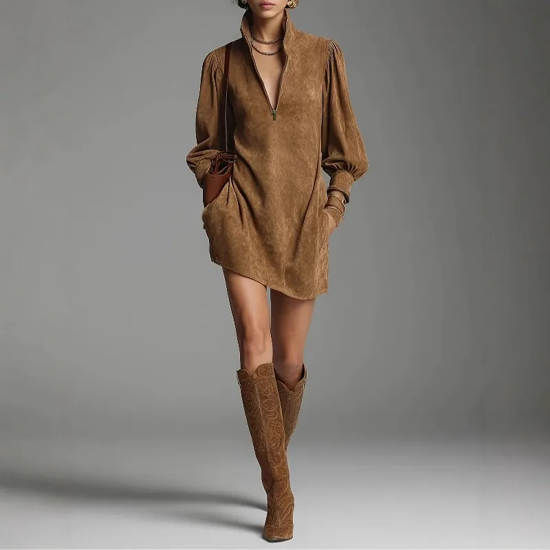 Gymystars Vintage Brown Mini Dresses for Women New Fashion Long Sleeve Puff Sleeve Stand Collar Elegant Zipper Front Party Dress