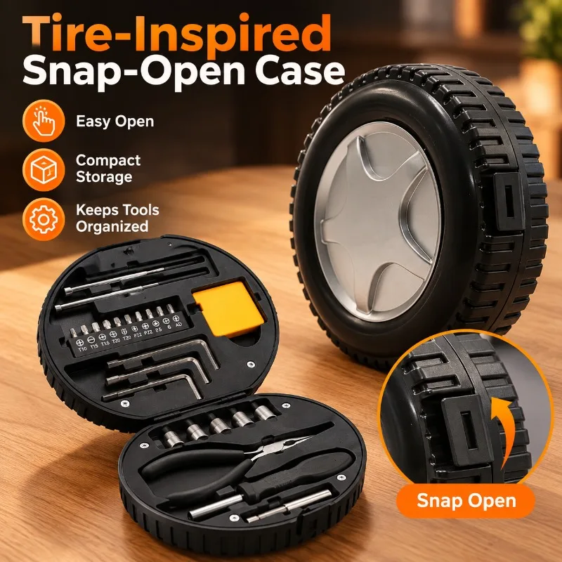 24PCS Compact Tire Shaped Tool Kit Carbon Steel Household Repair Set with Pliers Sockets Screwdriver Bits Hex Keys and Tape
